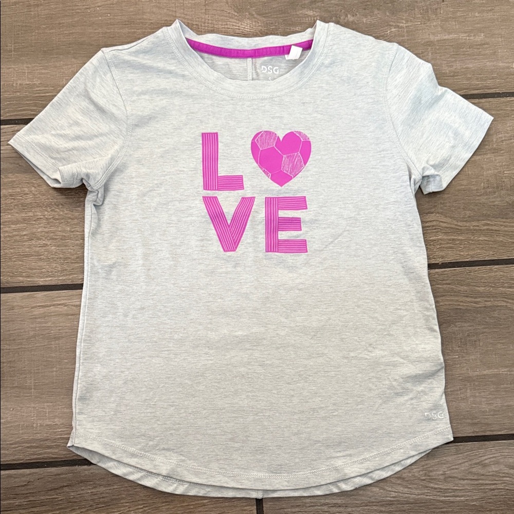 DSG Love Graphic Soccer Tee Gray and Pink Short Sleeve